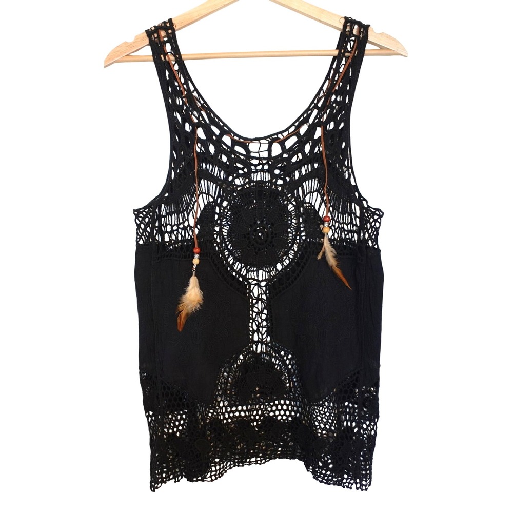 Crochet Knit Feather Beaded Tassel Tank Top Black Boho Festival Western S/M